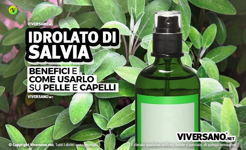 Foglie di salvia fresca e bottiglietta di idrolato