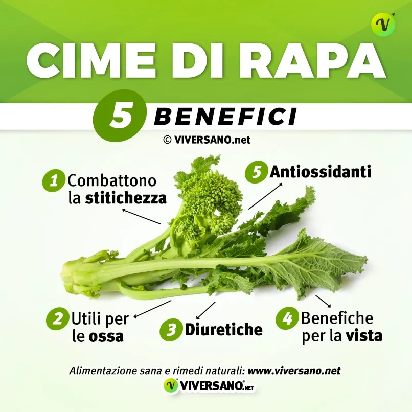 infografica su 5 benefici delle cime di rapa